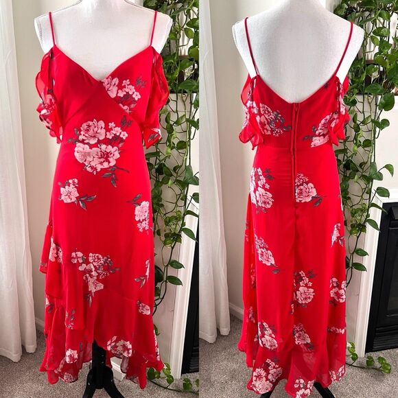 Speechless Red Floral Off Shoulder Ruffly Flowy Chiffon Dress - Medium - Picture 1 of 11